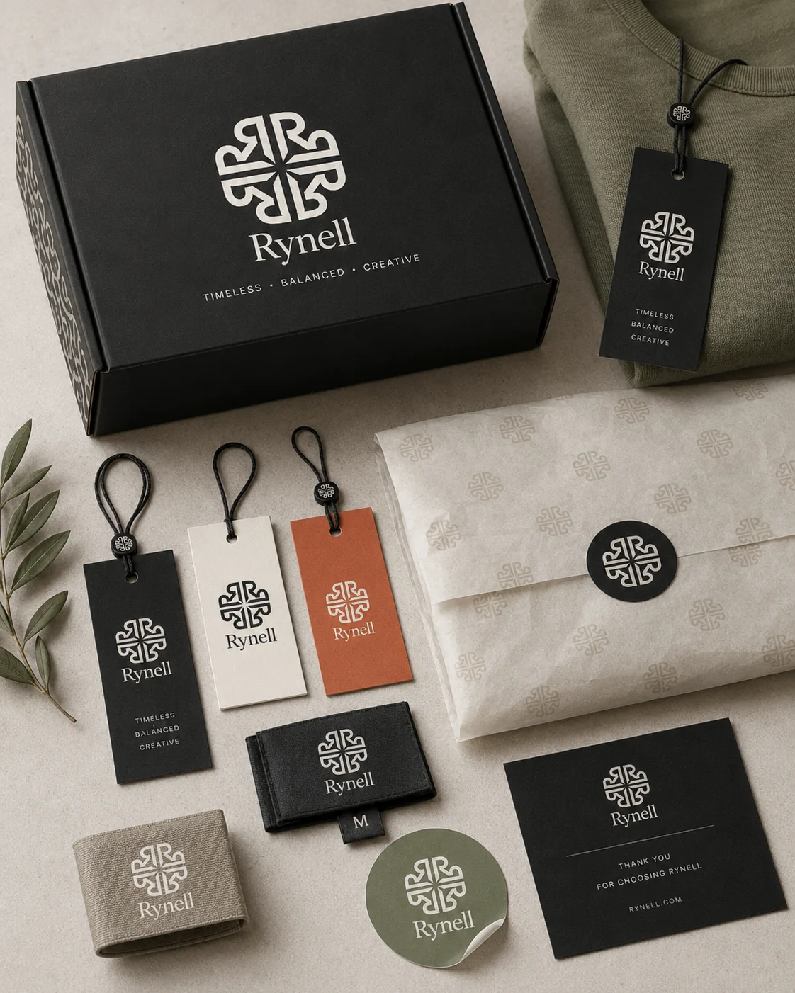 Rynell branded packaging set with tags, tissue, sticker, and box